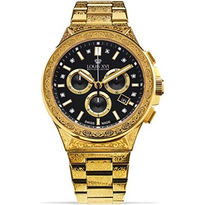 LOUIS XVI Le Monarque Royale Montre chronographe pour homme 42 mm Mouvement à quartz suisse Bracelet en acier inoxydable Argenté/doré Cadran noir Diamants CZ, Doré/Noir, Luxury LOUIS XVI Le Monarque Royale Montre chronographe pour homme 42 mm Mouvement à quartz suisse Bracelet en acier inoxydable Argenté/doré Cadran noir Diamants CZ, Doré/Noir, Luxury