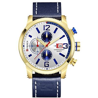 Curren Montre chronographe à quartz pour homme avec bracelet en cuir véritable, style décontracté, étanche, style sportif, Doré/blanc, Sangle Curren Montre chronographe à quartz pour homme avec bracelet en cuir véritable, style décontracté, étanche, style sportif, Doré/blanc, Sangle