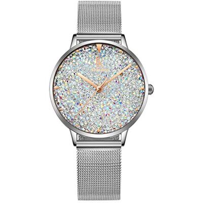 Alienwork Montre Femme Argent Bracelet Maille Blanc Strass Paillettes élégant Alienwork Montre Femme Argent Bracelet Maille Blanc Strass Paillettes élégant