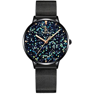Alienwork Montre Femme Noir Bracelet Maille Bleu Strass Paillettes élégant Alienwork Montre Femme Noir Bracelet Maille Bleu Strass Paillettes élégant