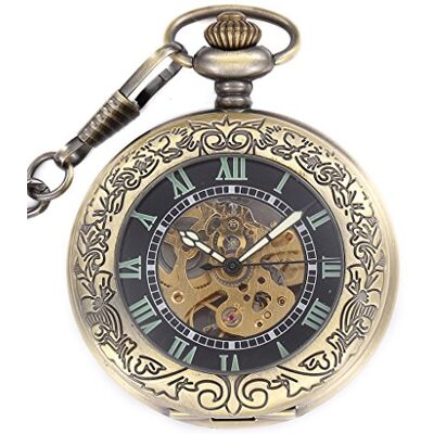 Infinite U Montre de poche mécanique à remontage automatique Lumineuse Style romain Squelette creux Acier Pendentif Collier pour homme/femme Bronze Infinite U Montre de poche mécanique à remontage automatique Lumineuse Style romain Squelette creux Acier Pendentif Collier pour homme/femme Bronze