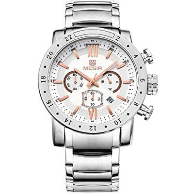 MEGIR Montre chronographe à quartz pour homme avec grand cadran et aiguilles lumineuses avec bracelet en acier inoxydable, Sangle MEGIR Montre chronographe à quartz pour homme avec grand cadran et aiguilles lumineuses avec bracelet en acier inoxydable, Sangle