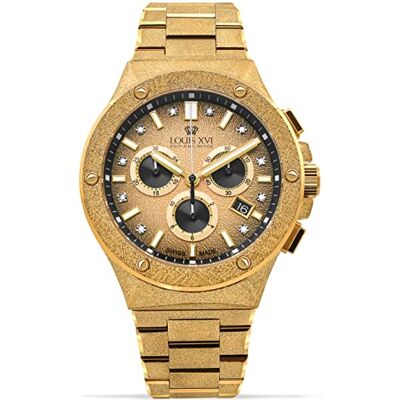 LOUIS XVI Le Monarque Frosted 1213 Montre chronographe pour homme 42 mm Mouvement à quartz suisse Bracelet en acier inoxydable Cadran doré Fumé, or, Bracelet LOUIS XVI Le Monarque Frosted 1213 Montre chronographe pour homme 42 mm Mouvement à quartz suisse Bracelet en acier inoxydable Cadran doré Fumé, or, Bracelet