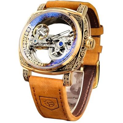 FORSINING Montre mécanique de luxe pour homme Motif totem rétro Double face Squelette creux Automatique Bracelet en cuir vintage Reloj para Hombre, marron, Rétro FORSINING Montre mécanique de luxe pour homme Motif totem rétro Double face Squelette creux Automatique Bracelet en cuir vintage Reloj para Hombre, marron, Rétro