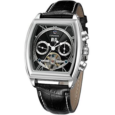 FORSINING Montre automatique pour homme avec calendrier complet en forme de tonneau et bracelet en cuir, Sangle FORSINING Montre automatique pour homme avec calendrier complet en forme de tonneau et bracelet en cuir, Sangle