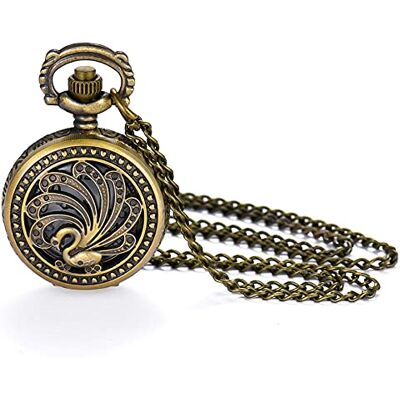 JewelryWe Montre de poche à quartz vintage pour homme et femme Bronze antique Montre gousset analogique Hunter avec collier chaîne pull, paon, Vintage JewelryWe Montre de poche à quartz vintage pour homme et femme Bronze antique Montre gousset analogique Hunter avec collier chaîne pull, paon, Vintage
