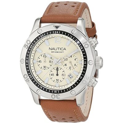 Nautica Montre analogique à quartz pour homme avec bracelet en cuir NAD16545G, marron, bracelet Nautica Montre analogique à quartz pour homme avec bracelet en cuir NAD16545G, marron, bracelet