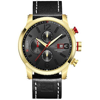 Curren Montre chronographe à quartz pour homme avec bracelet en cuir véritable, style décontracté, étanche, style sportif, Doré/noir, Sangle Curren Montre chronographe à quartz pour homme avec bracelet en cuir véritable, style décontracté, étanche, style sportif, Doré/noir, Sangle