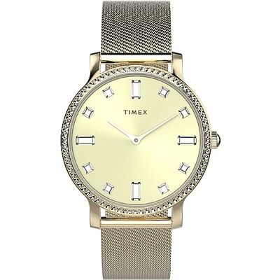 Timex Trend Montre pour femmes, 34 mm, bracelet en maille en acier inoxydable doré, cadran doré, boîtier doré TW2W19300 Timex Trend Montre pour femmes, 34 mm, bracelet en maille en acier inoxydable doré, cadran doré, boîtier doré TW2W19300