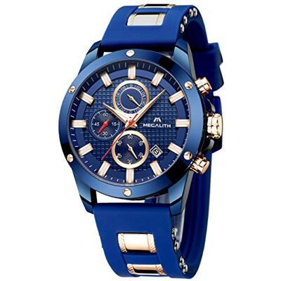 MEGALITH Montre chronographe pour homme Grande montre de sport étanche Montre analogique en caoutchouc Design tendance Date lumineuse, bleu, Standard, Sportif et moderne MEGALITH Montre chronographe pour homme Grande montre de sport étanche Montre analogique en caoutchouc Design tendance Date lumineuse, bleu, Standard, Sportif et moderne
