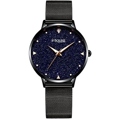Alienwork Montre Femme Noir Bracelet Maille Bleu cadran en marbre véritable Ultra-mince Alienwork Montre Femme Noir Bracelet Maille Bleu cadran en marbre véritable Ultra-mince