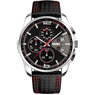 SKMEI Montre analogique à quartz pour homme avec bracelet en cuir noir, style décontracté, étanche, lumineuse, cadeau pour papa, Rouge, Sangle SKMEI Montre analogique à quartz pour homme avec bracelet en cuir noir, style décontracté, étanche, lumineuse, cadeau pour papa, Rouge, Sangle