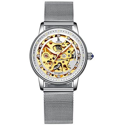 Alienwork Montre Automatique Femme Argent Bracelet Maille Blanc Squelette Fond de Verre Alienwork Montre Automatique Femme Argent Bracelet Maille Blanc Squelette Fond de Verre