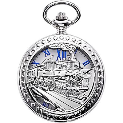 TREEWETO Antique Montre de poche pour homme squelette mécanique creux bronze 3D Steam Train Railroad Numéros romains, Argent 055, Mécanique TREEWETO Antique Montre de poche pour homme squelette mécanique creux bronze 3D Steam Train Railroad Numéros romains, Argent 055, Mécanique