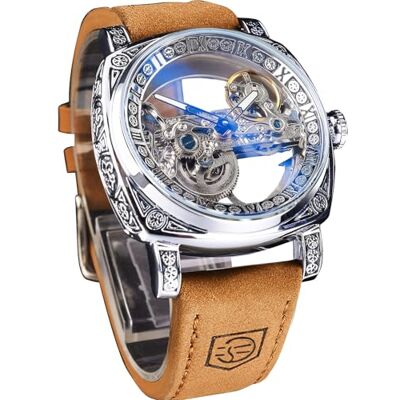 FORSINING Montre mécanique de luxe pour homme Motif totem rétro Double face Squelette creux Automatique Bracelet en cuir vintage Reloj para Hombre, Marron argenté FORSINING Montre mécanique de luxe pour homme Motif totem rétro Double face Squelette creux Automatique Bracelet en cuir vintage Reloj para Hombre, Marron argenté