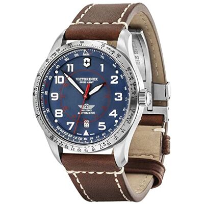 Victorinox Montre Homme Automatique Airboss Mechanical Ø 42 mm, Swiss Made, Étanche jusqu’à 100 m, Verre Saphir, Bracelet Cuir, Bleu/Brun Victorinox Montre Homme Automatique Airboss Mechanical Ø 42 mm, Swiss Made, Étanche jusqu’à 100 m, Verre Saphir, Bracelet Cuir, Bleu/Brun
