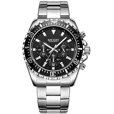 MEGIR Montre chronographe à quartz pour homme en acier inoxydable 24 heures Affichage analogique Montre-bracelet d'affaires pour homme, 2064 Argent Noir, Bracelet MEGIR Montre chronographe à quartz pour homme en acier inoxydable 24 heures Affichage analogique Montre-bracelet d'affaires pour homme, 2064 Argent Noir, Bracelet
