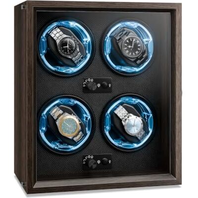KLARSTEIN Remontoir pour montres automatiques, remontoir de montre automatique pour 4 montres, avec porte en acrylique, LED bleues, de montre avec 4 réglages TPJ KLARSTEIN Remontoir pour montres automatiques, remontoir de montre automatique pour 4 montres, avec porte en acrylique, LED bleues, de montre avec 4 réglages TPJ