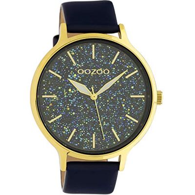 Oozoo Montre pour femme avec bracelet en cuir et paillettes colorées dans le cadran XXL 48 mm, C10662 Doré/bleu foncé/bleu foncé, sangle Oozoo Montre pour femme avec bracelet en cuir et paillettes colorées dans le cadran XXL 48 mm, C10662 Doré/bleu foncé/bleu foncé, sangle