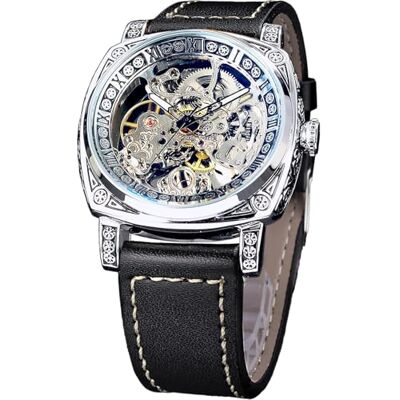 FORSINING Montre Mécanique Carrée de Luxe Rétro pour Homme, Squelette Creux à Remontage Automatique, Bracelet en Cuir Vintage Argenté Noir FORSINING Montre Mécanique Carrée de Luxe Rétro pour Homme, Squelette Creux à Remontage Automatique, Bracelet en Cuir Vintage Argenté Noir