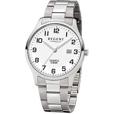 REGENT Montre à quartz analogique pour homme avec bracelet en acier inoxydable 11150666, Argenté/blanc, Bracelet REGENT Montre à quartz analogique pour homme avec bracelet en acier inoxydable 11150666, Argenté/blanc, Bracelet