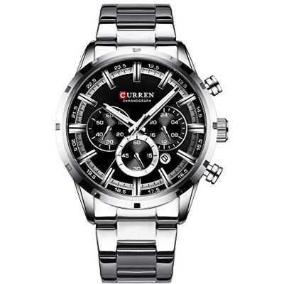 CURREN Montre chronographe pour homme avec bracelet en acier inoxydable Montre à quartz tendance décontractée avec date, noir/argenté, Bracelet CURREN Montre chronographe pour homme avec bracelet en acier inoxydable Montre à quartz tendance décontractée avec date, noir/argenté, Bracelet