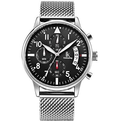 Alienwork Montre Hommes Femmes Argent Bracelet Maille Calendrier Date Noir Alienwork Montre Hommes Femmes Argent Bracelet Maille Calendrier Date Noir