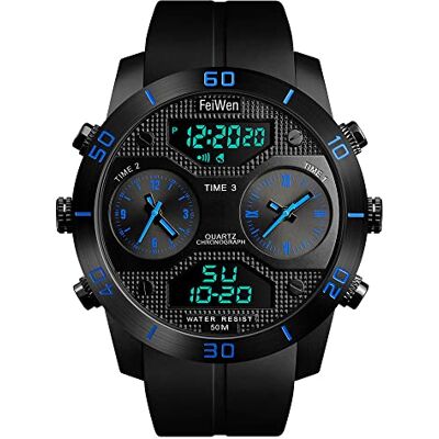 FeiWen Homme Mode Analogique Quart LED Électronique Temps Trois Digital Montres Bracelet 50M Étanche Outdoor Militaires Sport Montre Chronomètre Calendrier, Bleu, sangle FeiWen Homme Mode Analogique Quart LED Électronique Temps Trois Digital Montres Bracelet 50M Étanche Outdoor Militaires Sport Montre Chronomètre Calendrier, Bleu, sangle