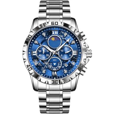 RORIOS Montre multifonction pour homme élégante en diamant Montre analogique à quartz en acier inoxydable Montre chronographe tendance pour homme, Bleu argenté, L, Bracelet RORIOS Montre multifonction pour homme élégante en diamant Montre analogique à quartz en acier inoxydable Montre chronographe tendance pour homme, Bleu argenté, L, Bracelet