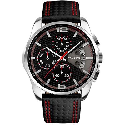 TONSHEN Montre analogique à quartz pour homme avec boîtier en acier inoxydable et bracelet en cuir Petit cadran et date, Rouge, Sangle TONSHEN Montre analogique à quartz pour homme avec boîtier en acier inoxydable et bracelet en cuir Petit cadran et date, Rouge, Sangle