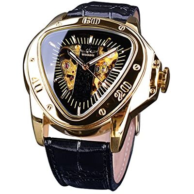 FORSINING Winner Fashion Montre bracelet mécanique triangulaire cadran de course étanche cadran squelette doré mouvement automatique en cuir montre mécanique pour homme, Noir/doré, Style décontracté FORSINING Winner Fashion Montre bracelet mécanique triangulaire cadran de course étanche cadran squelette doré mouvement automatique en cuir montre mécanique pour homme, Noir/doré, Style décontracté