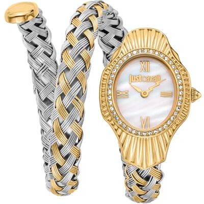 Just Cavalli Montre pour femme, boîtier doré, cadran blanc MOP, bracelet en métal bicolore argenté et doré, 2 aiguilles, 3 ATM Just Cavalli Montre pour femme, boîtier doré, cadran blanc MOP, bracelet en métal bicolore argenté et doré, 2 aiguilles, 3 ATM