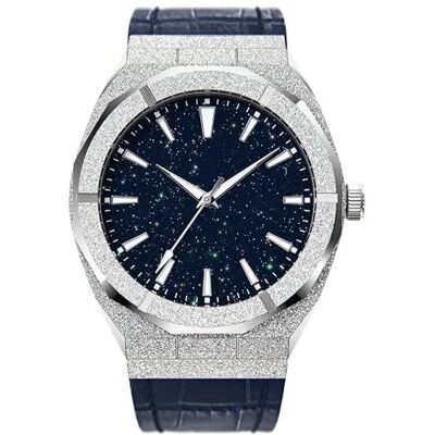 INGRAX Montres Offre spéciale Hommes Mode givré étoile poussière Or Montre en Acier Inoxydable Quartz analogique Montre-Bracelet pour Hommes Bracelet en Cuir, Silver Blue Leather, sangle INGRAX Montres Offre spéciale Hommes Mode givré étoile poussière Or Montre en Acier Inoxydable Quartz analogique Montre-Bracelet pour Hommes Bracelet en Cuir, Silver Blue Leather, sangle
