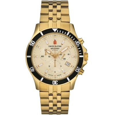 Alpine Montre chronographe à quartz analogique pour homme 7022.9 en acier inoxydable, Or/doré/champagne 9111sam, Bracelet Alpine Montre chronographe à quartz analogique pour homme 7022.9 en acier inoxydable, Or/doré/champagne 9111sam, Bracelet