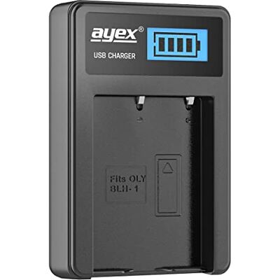 ayex Chargeur USB pour batterie Olympus type BLH1 Charge via prise d'alimentation USB, ordinateur portable, batterie externe ou PC Écran LCD avec indicateur de charge ayex Chargeur USB pour batterie Olympus type BLH1 Charge via prise d'alimentation USB, ordinateur portable, batterie externe ou PC Écran LCD avec indicateur de charge