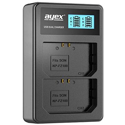 ayex Chargeur double USB pour batteries Sony Li-Ion type NP-FZ100 Chargement via prise USB, ordinateur portable, batterie externe ou PC Écran LCD avec indicateur de niveau de charge ayex Chargeur double USB pour batteries Sony Li-Ion type NP-FZ100 Chargement via prise USB, ordinateur portable, batterie externe ou PC Écran LCD avec indicateur de niveau de charge