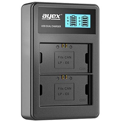 ayex Double chargeur USB compatible avec Canon LP-E6 N NH Rechargeable via ordinateur portable, Power Bank PC, etc. Écran LCD avec indicateur de niveau de charge ayex Double chargeur USB compatible avec Canon LP-E6 N NH Rechargeable via ordinateur portable, Power Bank PC, etc. Écran LCD avec indicateur de niveau de charge