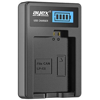 ayex Chargeur USB pour batteries Canon LP-E5 – Chargement via prise secteur USB, ordinateur portable, batterie externe ou PC – avec écran LCD rétroéclairé intégré pour indicateur de niveau de charge ayex Chargeur USB pour batteries Canon LP-E5 – Chargement via prise secteur USB, ordinateur portable, batterie externe ou PC – avec écran LCD rétroéclairé intégré pour indicateur de niveau de charge