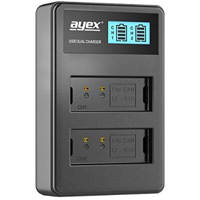 ayex Double Chargeur USB pour Canon LP-E10 EOS 1100D 1200D Rebel T3 Kiss X50 Chargement Via Prise Secteur USB sur Ordinateur Portable ou Batterie Externe avec écran LCD rétroéclairé intégré avec ayex Double Chargeur USB pour Canon LP-E10 EOS 1100D 1200D Rebel T3 Kiss X50 Chargement Via Prise Secteur USB sur Ordinateur Portable ou Batterie Externe avec écran LCD rétroéclairé intégré avec