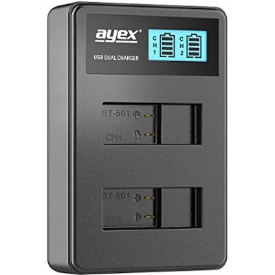 ayex Double chargeur USB pour batteries GoPro AHDBT-501 Hero 8, 7, 6 & 5 Black Silver Chargement via prise d'alimentation USB vers ordinateur portable Écran LCD avec indicateur de niveau de charge ayex Double chargeur USB pour batteries GoPro AHDBT-501 Hero 8, 7, 6 & 5 Black Silver Chargement via prise d'alimentation USB vers ordinateur portable Écran LCD avec indicateur de niveau de charge
