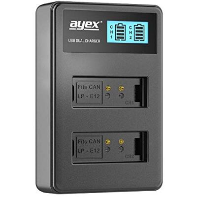 ayex Double chargeur USB pour batteries Canon LP-E12 par exemple EOS M M10 M 200 1000D Se recharge via une prise d'alimentation USB sur un ordinateur portable ou une batterie externe, avec écran LCD ayex Double chargeur USB pour batteries Canon LP-E12 par exemple EOS M M10 M 200 1000D Se recharge via une prise d'alimentation USB sur un ordinateur portable ou une batterie externe, avec écran LCD