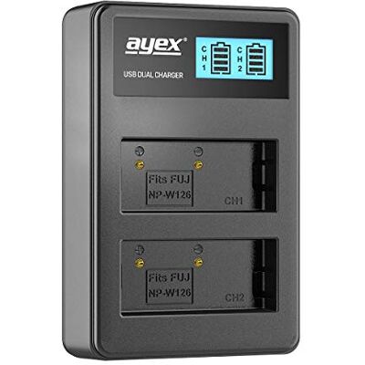ayex Double chargeur USB pour batteries Fujifilm Li-ion type NP-W126 Charge via prise USB, ordinateur portable, batterie externe ou PC Écran LCD avec indicateur de niveau de charge ayex Double chargeur USB pour batteries Fujifilm Li-ion type NP-W126 Charge via prise USB, ordinateur portable, batterie externe ou PC Écran LCD avec indicateur de niveau de charge