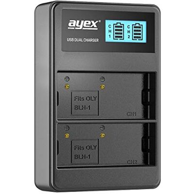 ayex Chargeur USB double pour batteries Olympus type BLH-1 Charge via prise d'alimentation USB, ordinateur portable, batterie externe ou PC Écran LCD avec indicateur de charge ayex Chargeur USB double pour batteries Olympus type BLH-1 Charge via prise d'alimentation USB, ordinateur portable, batterie externe ou PC Écran LCD avec indicateur de charge
