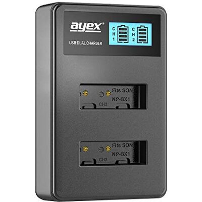 ayex Double Chargeur USB pour Batteries Sony Li-ION Type NP-BX1 Chargement Via Prise USB, Ordinateur Portable, Batterie Externe ou PC Écran LCD avec indicateur de Charge ayex Double Chargeur USB pour Batteries Sony Li-ION Type NP-BX1 Chargement Via Prise USB, Ordinateur Portable, Batterie Externe ou PC Écran LCD avec indicateur de Charge