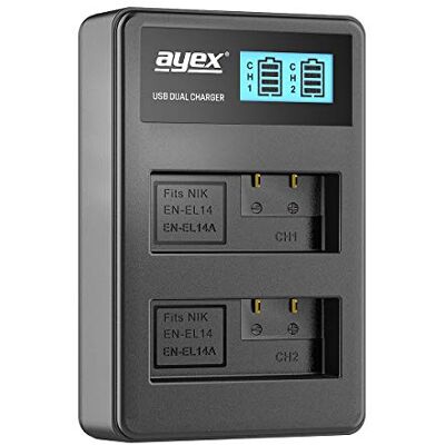 ayex Chargeur USB double pour batteries Nikon EN-EL14 Chargement via prise d'alimentation USB, ordinateur portable, batterie externe ou PC Écran LCD avec indicateur de niveau de charge ayex Chargeur USB double pour batteries Nikon EN-EL14 Chargement via prise d'alimentation USB, ordinateur portable, batterie externe ou PC Écran LCD avec indicateur de niveau de charge