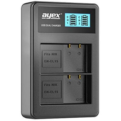 ayex Double chargeur USB compatible avec les batteries Nikon EN-EL15(B,C) Charge via prise d'alimentation USB, ordinateur portable, batterie externe ou PC Écran LCD avec indicateur de charge ayex Double chargeur USB compatible avec les batteries Nikon EN-EL15(B,C) Charge via prise d'alimentation USB, ordinateur portable, batterie externe ou PC Écran LCD avec indicateur de charge