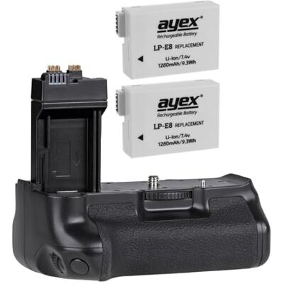 ayex Poignée d'alimentation compatible avec Canon EOS 700D 650D 600D 550D + 2 batteries LP-E8 similaires à BG-E8 ayex Poignée d'alimentation compatible avec Canon EOS 700D 650D 600D 550D + 2 batteries LP-E8 similaires à BG-E8