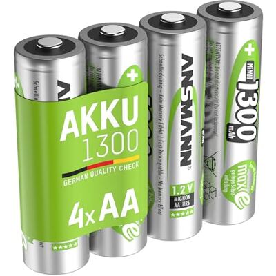 Ansmann Piles AA 1300 mAh NiMH 1,2 V rechargeables (lot de 4) – Piles rechargeables pour téléphone sans fil, babyphone, talkie-walkie, etc. – Accumulateurs AA livrés pré-chargés Ansmann Piles AA 1300 mAh NiMH 1,2 V rechargeables (lot de 4) – Piles rechargeables pour téléphone sans fil, babyphone, talkie-walkie, etc. – Accumulateurs AA livrés pré-chargés