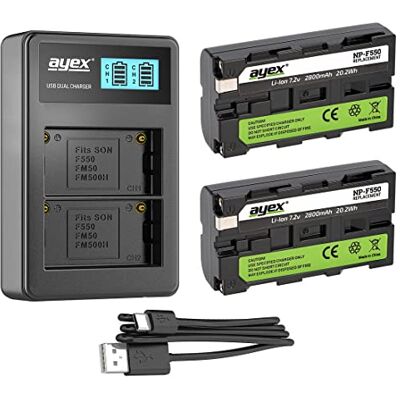 ayex Lot de 2 batteries NP-F550, compatibles avec Sony, 1 chargeur double USB ayex Lot de 2 batteries NP-F550, compatibles avec Sony, 1 chargeur double USB