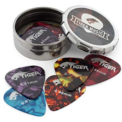 Tiger GAC14 lot de 12 médiators en celluloïd avec boîte métal Tiger GAC14 lot de 12 médiators en celluloïd avec boîte métal
